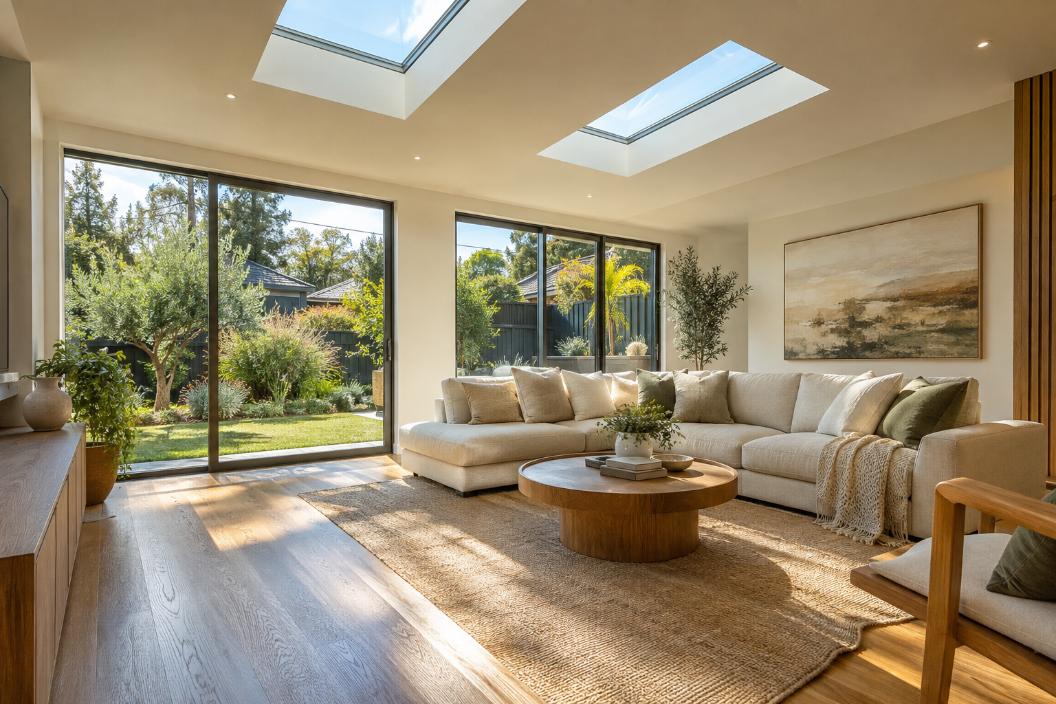 Illustrative contemporary interior with skylights and ground-level windows